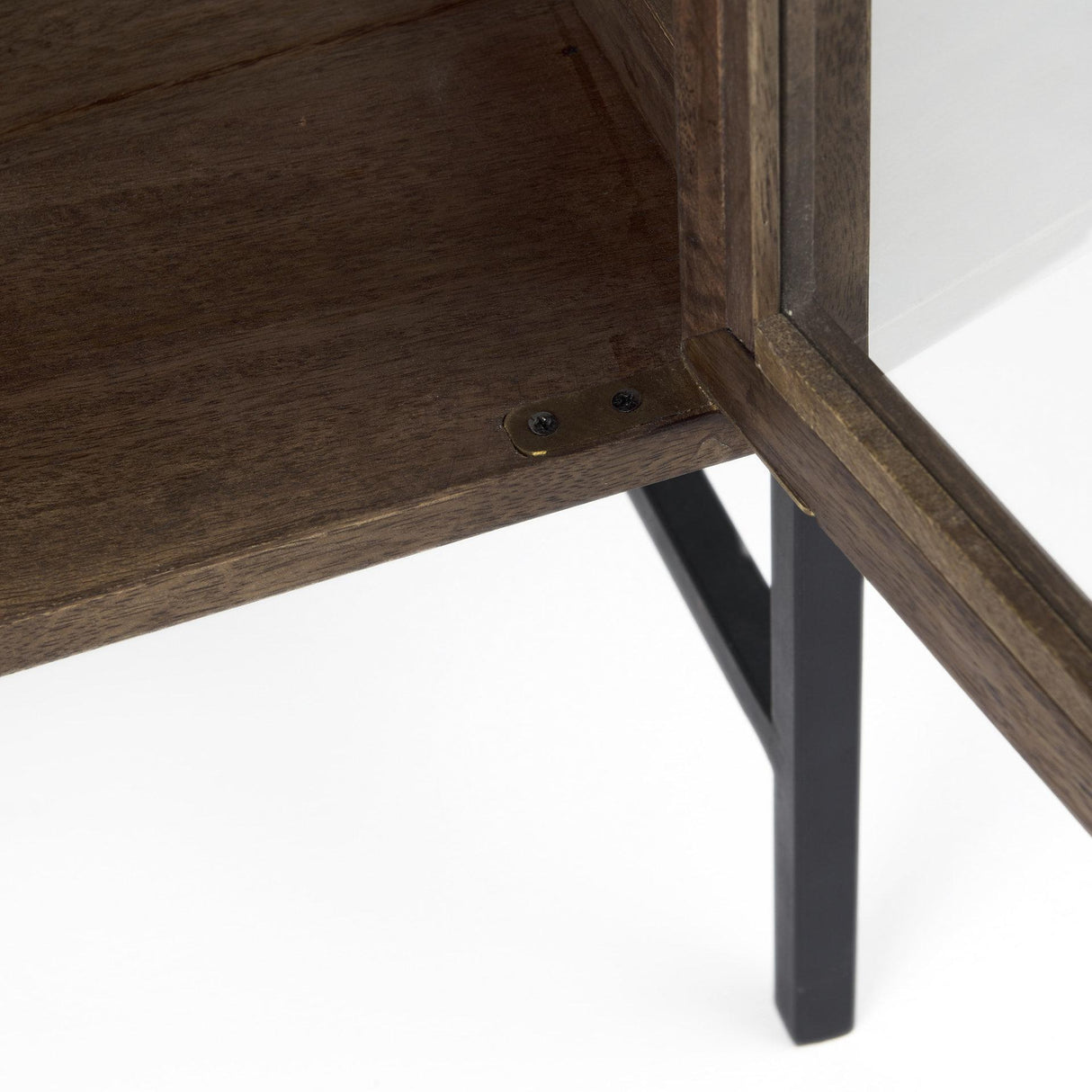 Mercana Arelius 36L x 18W x 32H Medium Brown Wood, Black Metal Base w/ 2 Glass Doors Accent Cabinet