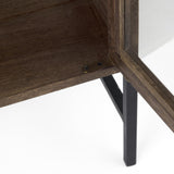 Mercana Arelius 36L x 18W x 32H Medium Brown Wood, Black Metal Base w/ 2 Glass Doors Accent Cabinet