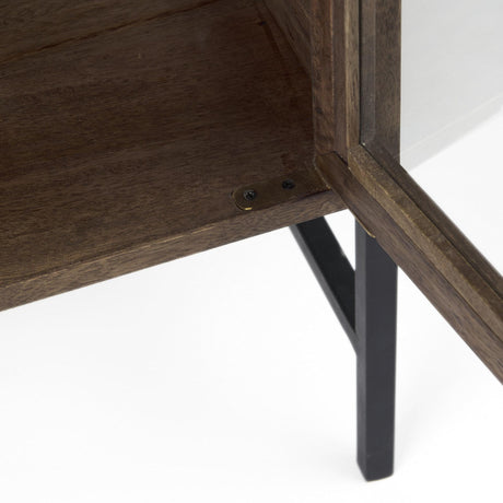 Mercana Arelius 36L x 18W x 32H Medium Brown Wood, Black Metal Base w/ 2 Glass Doors Accent Cabinet