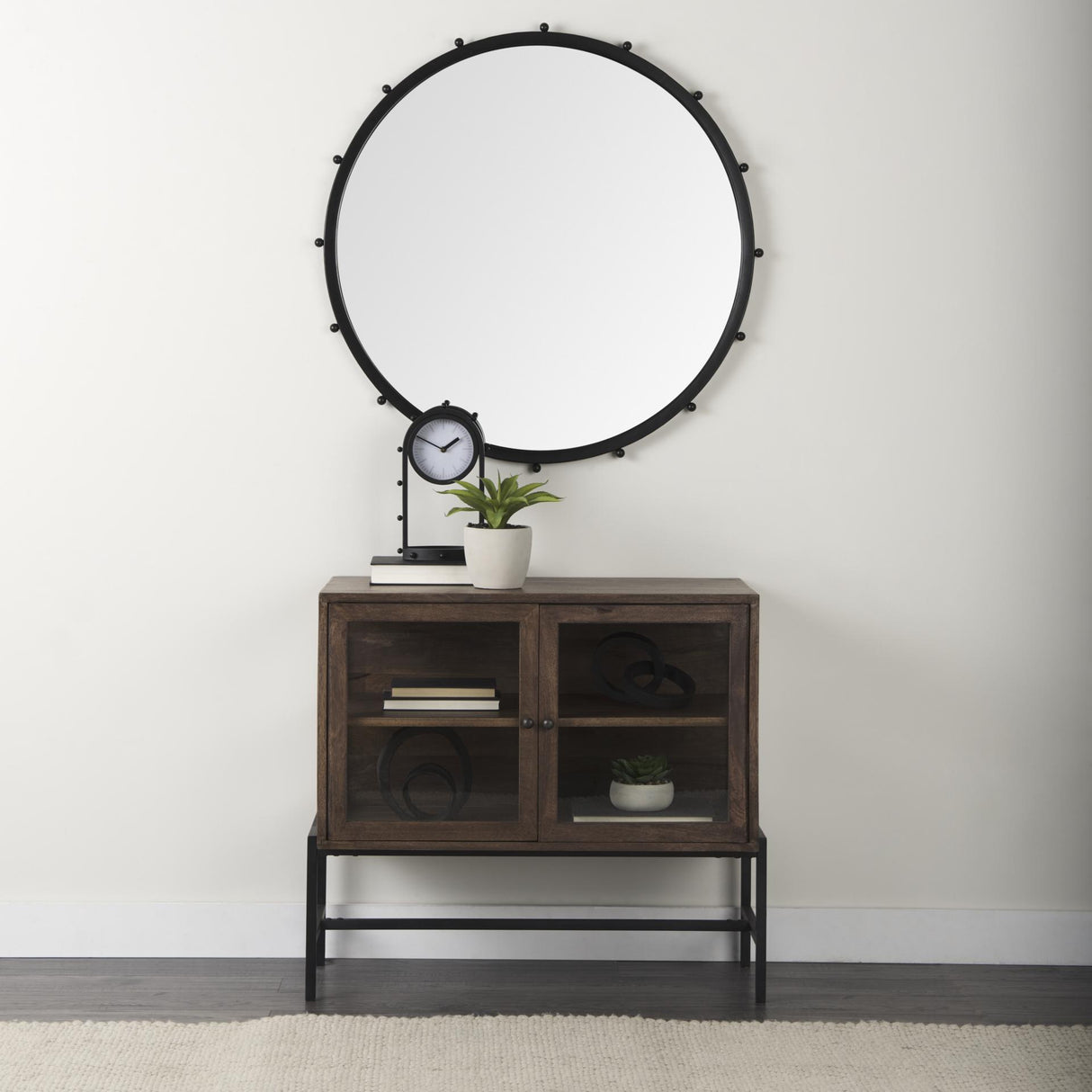 Mercana Arelius 36L x 18W x 32H Medium Brown Wood, Black Metal Base w/ 2 Glass Doors Accent Cabinet