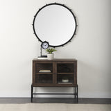 Mercana Arelius 36L x 18W x 32H Medium Brown Wood, Black Metal Base w/ 2 Glass Doors Accent Cabinet