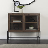 Mercana Arelius 36L x 18W x 32H Medium Brown Wood, Black Metal Base w/ 2 Glass Doors Accent Cabinet