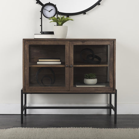 Mercana Arelius 36L x 18W x 32H Medium Brown Wood, Black Metal Base w/ 2 Glass Doors Accent Cabinet