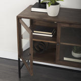 Mercana Arelius 36L x 18W x 32H Medium Brown Wood, Black Metal Base w/ 2 Glass Doors Accent Cabinet