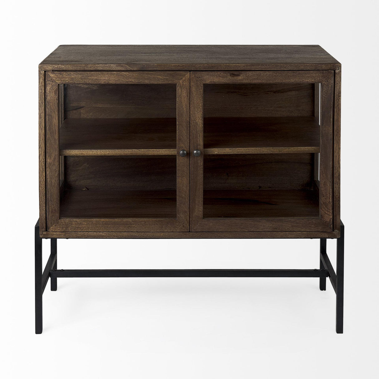 Mercana Arelius 36L x 18W x 32H Medium Brown Wood, Black Metal Base w/ 2 Glass Doors Accent Cabinet