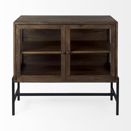 Mercana Arelius 36L x 18W x 32H Medium Brown Wood, Black Metal Base w/ 2 Glass Doors Accent Cabinet