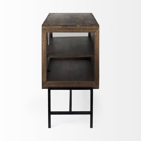 Mercana Arelius 36L x 18W x 32H Medium Brown Wood, Black Metal Base w/ 2 Glass Doors Accent Cabinet