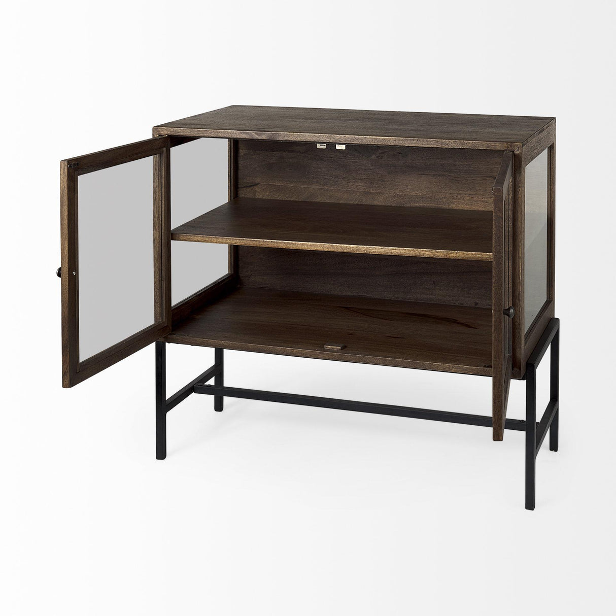 Mercana Arelius 36L x 18W x 32H Medium Brown Wood, Black Metal Base w/ 2 Glass Doors Accent Cabinet