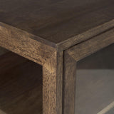 Mercana Arelius 36L x 18W x 32H Medium Brown Wood, Black Metal Base w/ 2 Glass Doors Accent Cabinet