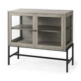 Mercana Arelius 36L x 18W x 32H Gray Wood, Black Metal Base w/ 2 Glass Doors Accent Cabinet