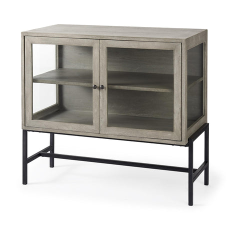 Mercana Arelius 36L x 18W x 32H Gray Wood, Black Metal Base w/ 2 Glass Doors Accent Cabinet