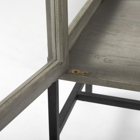 Mercana Arelius 36L x 18W x 32H Gray Wood, Black Metal Base w/ 2 Glass Doors Accent Cabinet