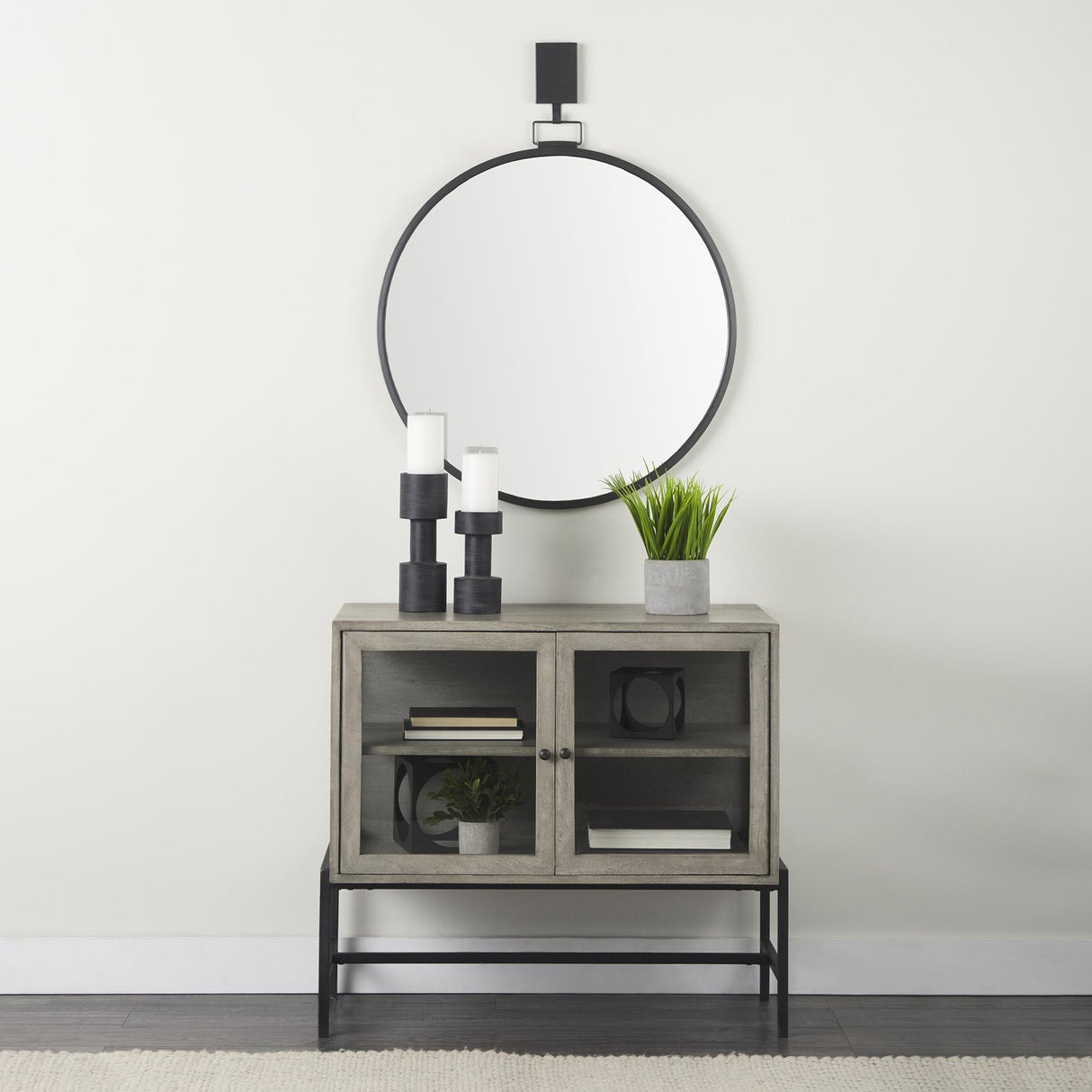 Mercana Arelius 36L x 18W x 32H Gray Wood, Black Metal Base w/ 2 Glass Doors Accent Cabinet
