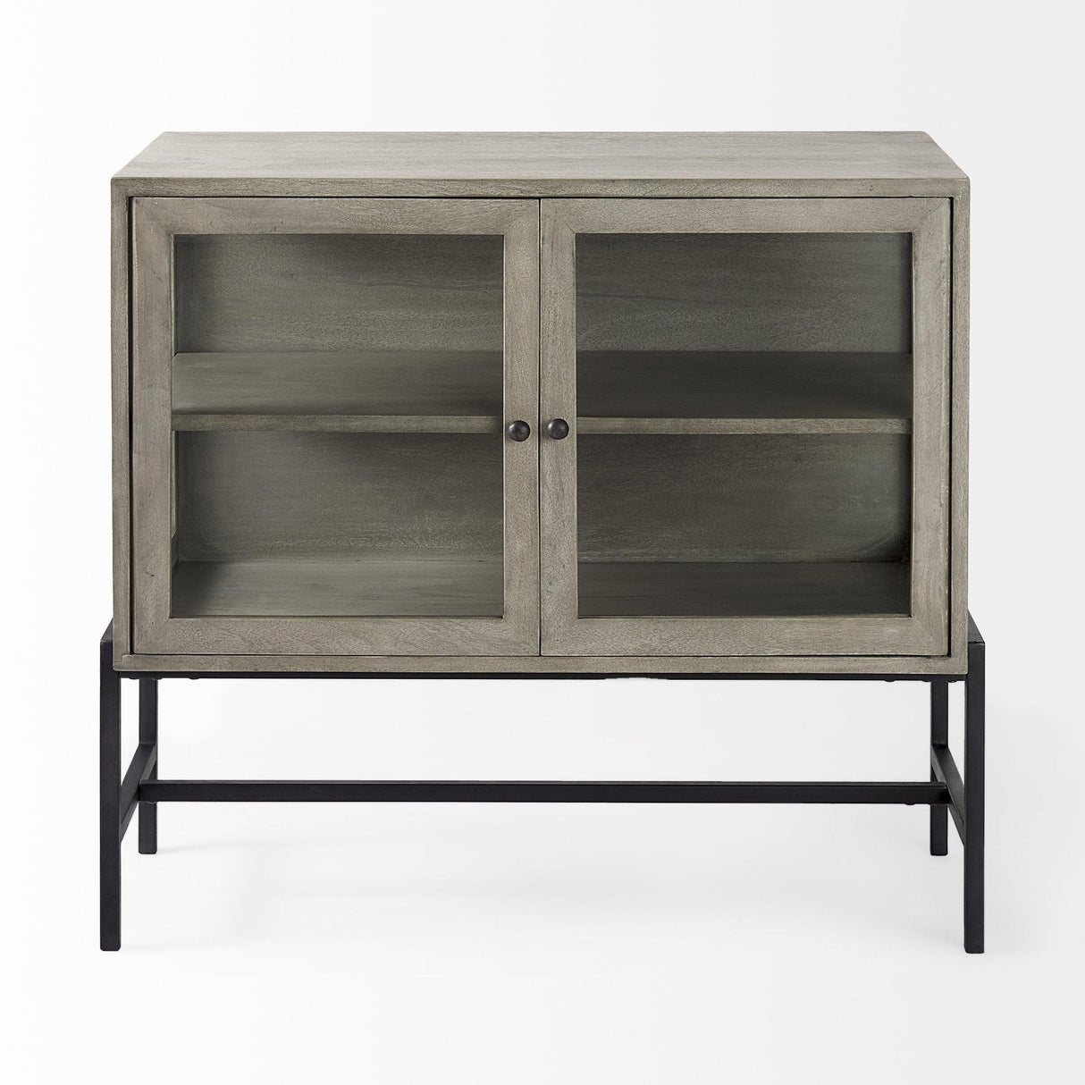Mercana Arelius 36L x 18W x 32H Gray Wood, Black Metal Base w/ 2 Glass Doors Accent Cabinet