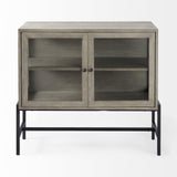 Mercana Arelius 36L x 18W x 32H Gray Wood, Black Metal Base w/ 2 Glass Doors Accent Cabinet