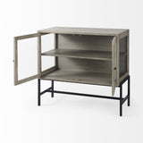 Mercana Arelius 36L x 18W x 32H Gray Wood, Black Metal Base w/ 2 Glass Doors Accent Cabinet