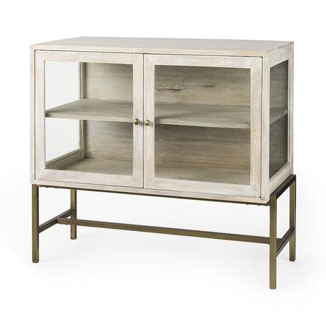Mercana Arelius 36L x 18W x 32H White Wood, Gold Metal Base w/ 2 Glass Doors Accent Cabinet