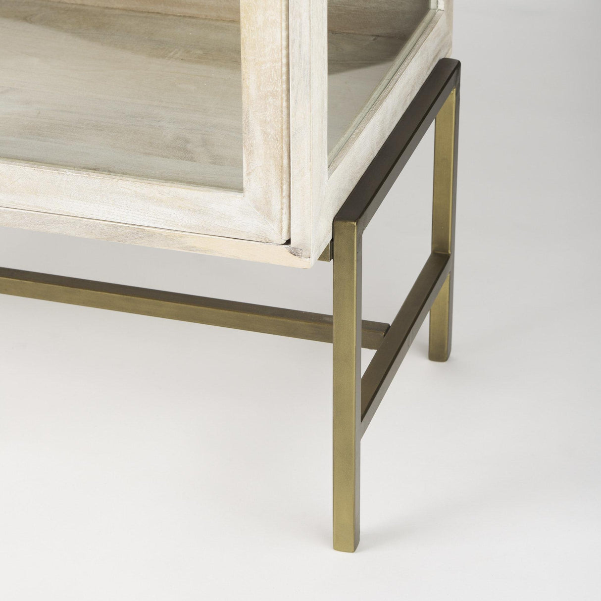 Mercana Arelius 36L x 18W x 32H White Wood, Gold Metal Base w/ 2 Glass Doors Accent Cabinet