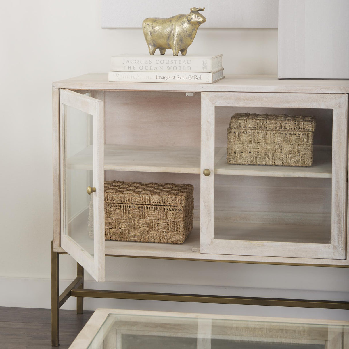 Mercana Arelius 36L x 18W x 32H White Wood, Gold Metal Base w/ 2 Glass Doors Accent Cabinet