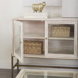 Mercana Arelius 36L x 18W x 32H White Wood, Gold Metal Base w/ 2 Glass Doors Accent Cabinet