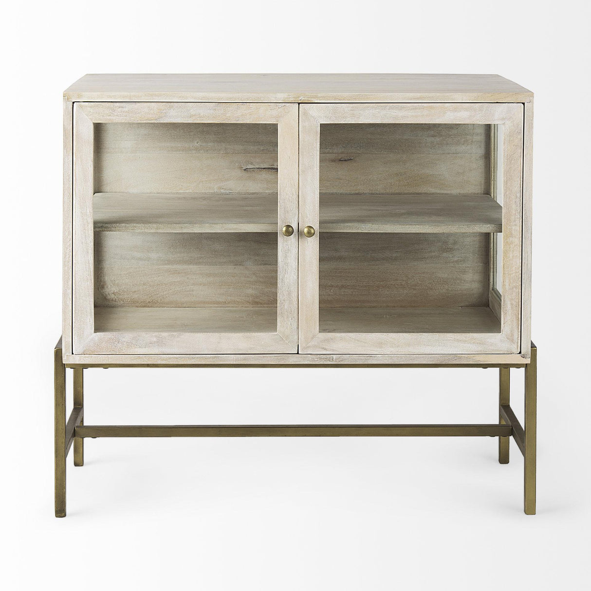 Mercana Arelius 36L x 18W x 32H White Wood, Gold Metal Base w/ 2 Glass Doors Accent Cabinet