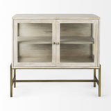 Mercana Arelius 36L x 18W x 32H White Wood, Gold Metal Base w/ 2 Glass Doors Accent Cabinet