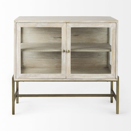 Mercana Arelius 36L x 18W x 32H White Wood, Gold Metal Base w/ 2 Glass Doors Accent Cabinet