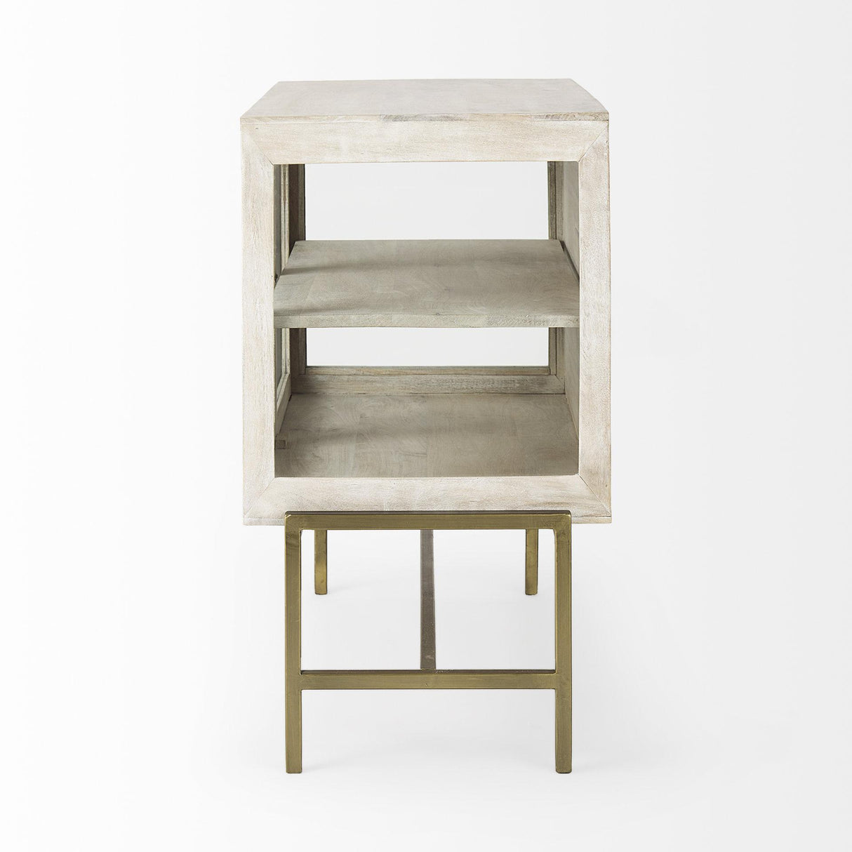 Mercana Arelius 36L x 18W x 32H White Wood, Gold Metal Base w/ 2 Glass Doors Accent Cabinet