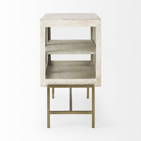 Mercana Arelius 36L x 18W x 32H White Wood, Gold Metal Base w/ 2 Glass Doors Accent Cabinet