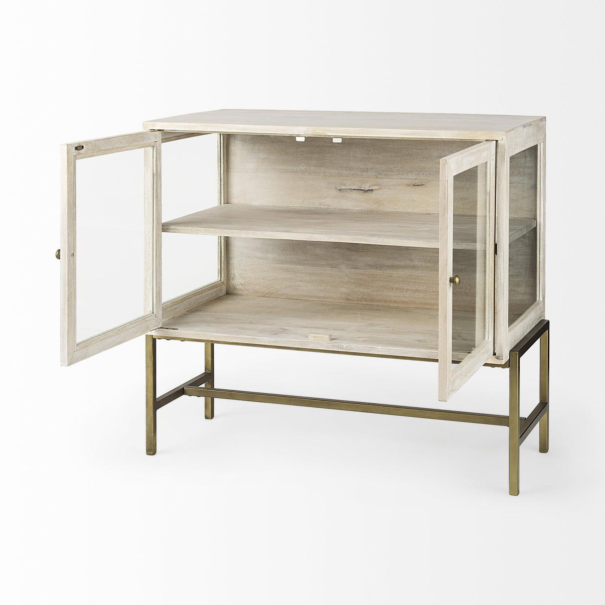 Mercana Arelius 36L x 18W x 32H White Wood, Gold Metal Base w/ 2 Glass Doors Accent Cabinet
