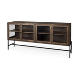 Mercana Arelius 70L x 18W x 32H Medium Brown, Black Metal Base w/ 4 Glass Door Cabinets Sideboard