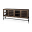 Mercana Arelius 70L x 18W x 32H Medium Brown, Black Metal Base w/ 4 Glass Door Cabinets Sideboard