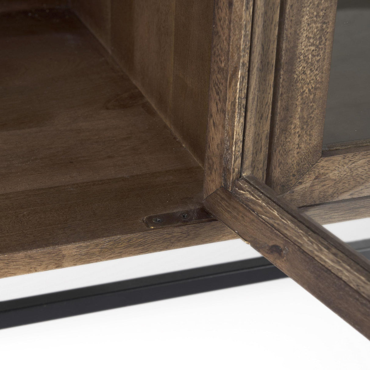 Mercana Arelius 70L x 18W x 32H Medium Brown, Black Metal Base w/ 4 Glass Door Cabinets Sideboard