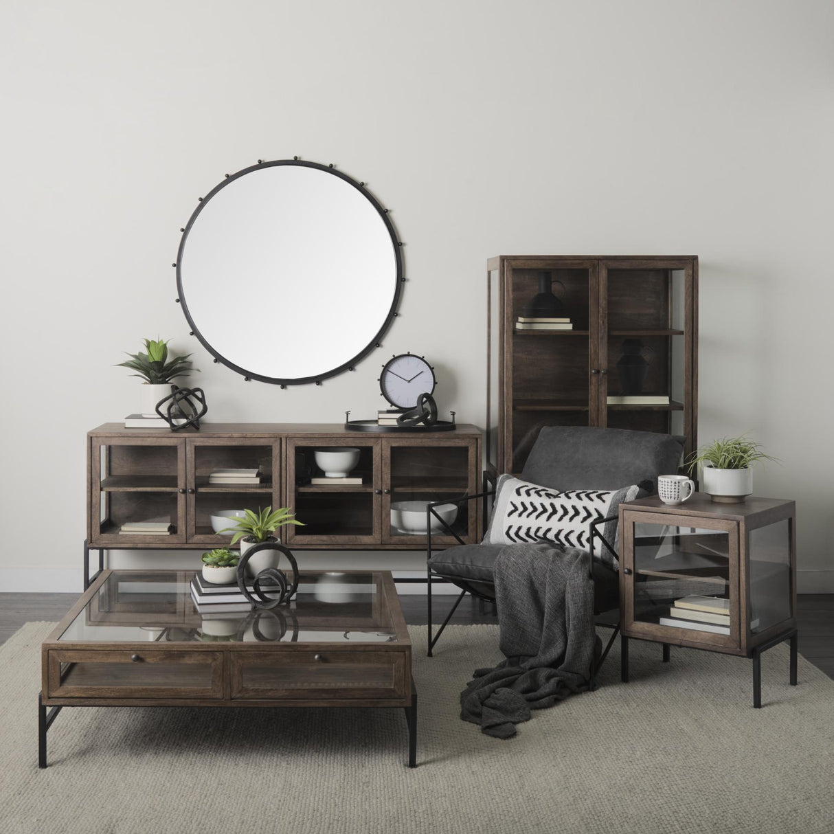 Mercana Arelius 70L x 18W x 32H Medium Brown, Black Metal Base w/ 4 Glass Door Cabinets Sideboard