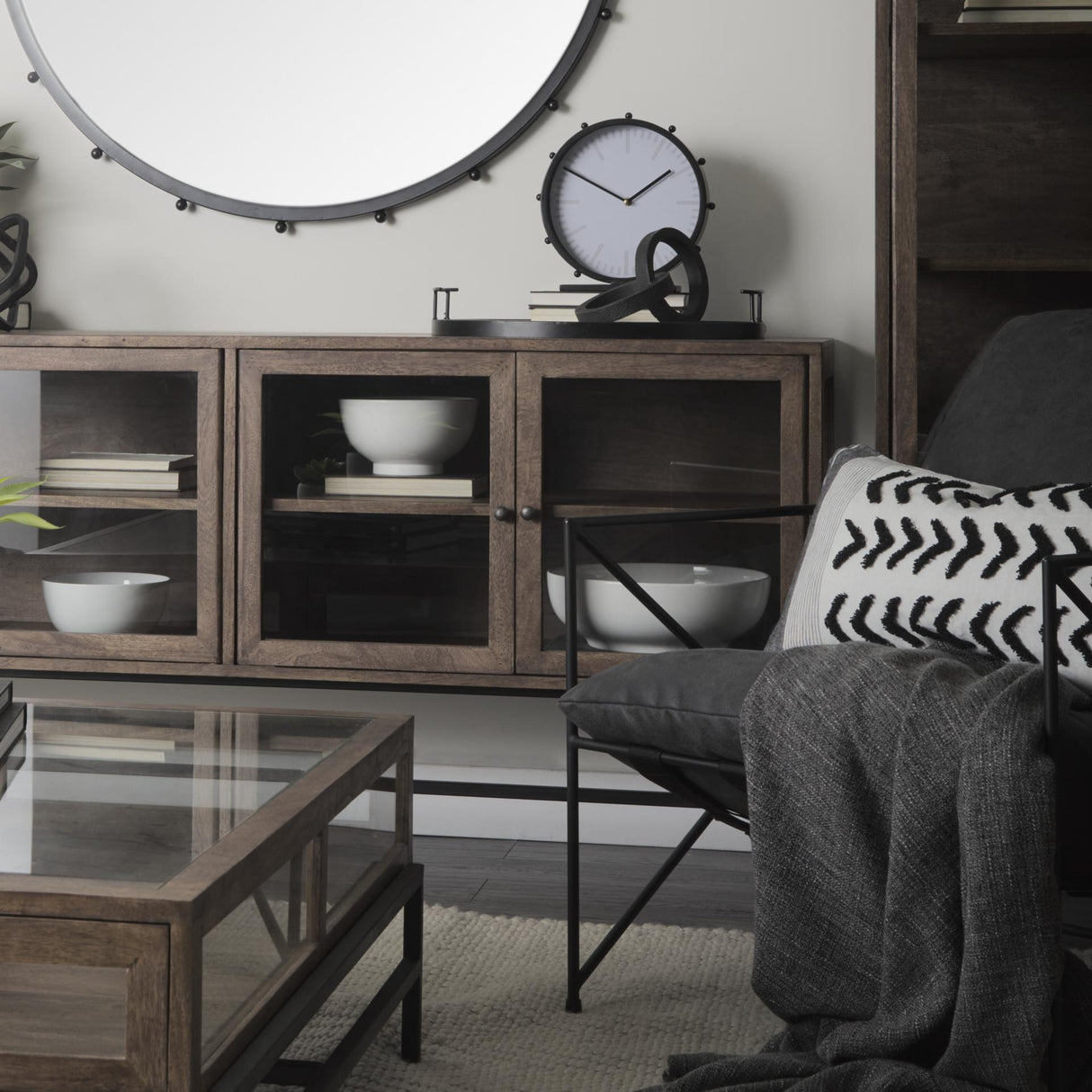 Mercana Arelius 70L x 18W x 32H Medium Brown, Black Metal Base w/ 4 Glass Door Cabinets Sideboard