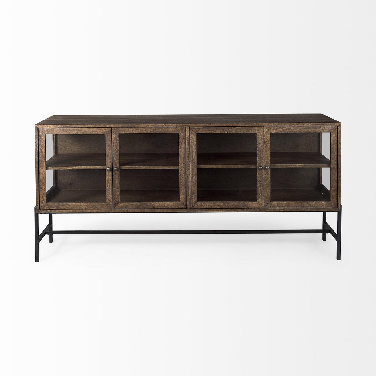 Mercana Arelius 70L x 18W x 32H Medium Brown, Black Metal Base w/ 4 Glass Door Cabinets Sideboard