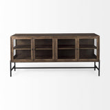 Mercana Arelius 70L x 18W x 32H Medium Brown, Black Metal Base w/ 4 Glass Door Cabinets Sideboard