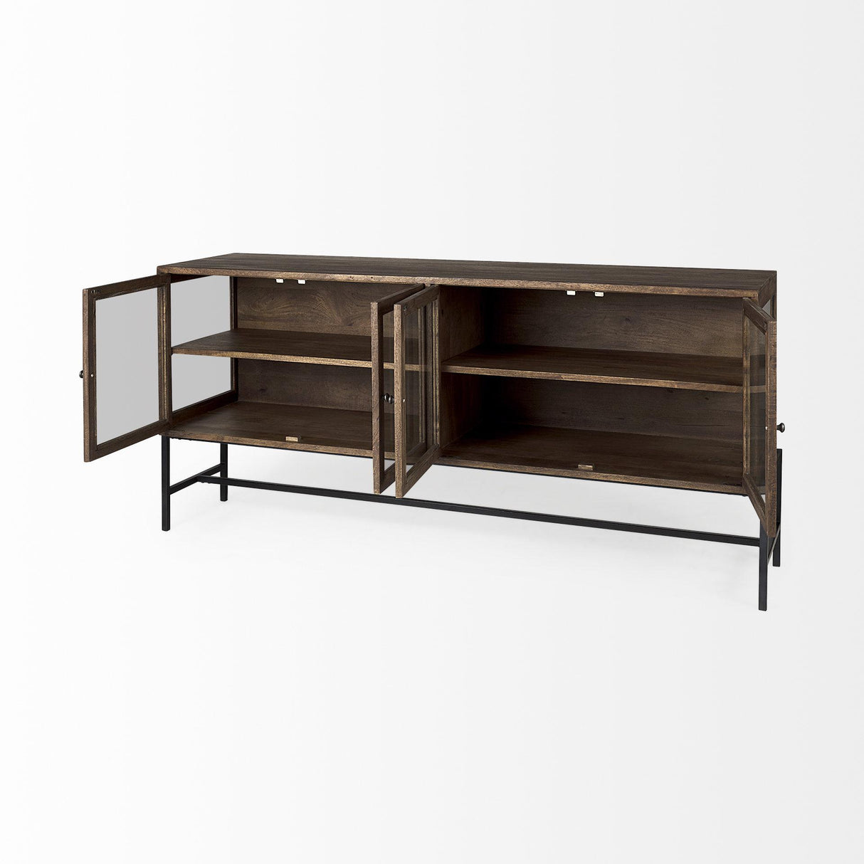 Mercana Arelius 70L x 18W x 32H Medium Brown, Black Metal Base w/ 4 Glass Door Cabinets Sideboard