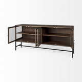 Mercana Arelius 70L x 18W x 32H Medium Brown, Black Metal Base w/ 4 Glass Door Cabinets Sideboard
