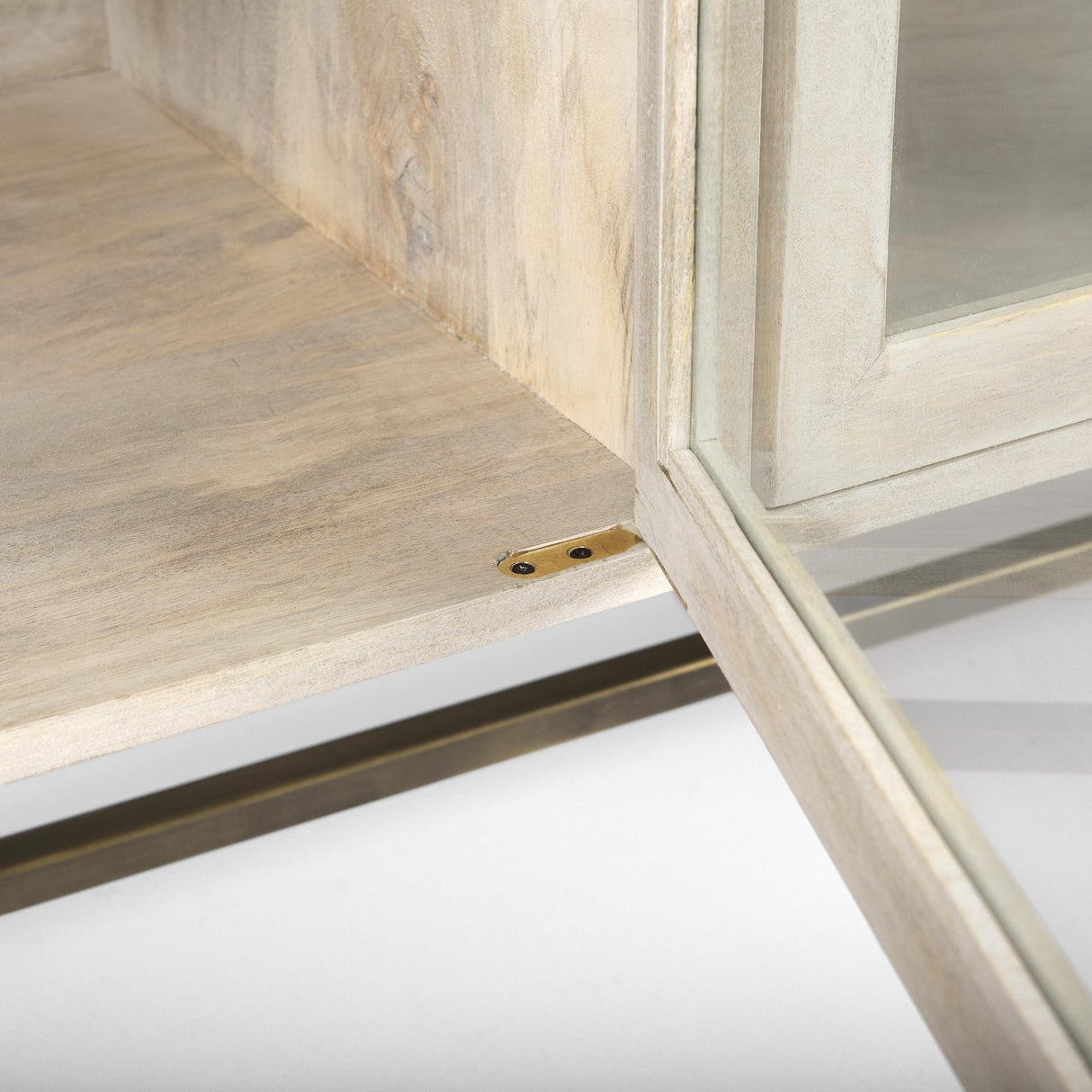 Mercana Arelius 70L x 18W x 32H White Wood W/ Gold Metal Base 4 Door Glass Cabinet Sideboard