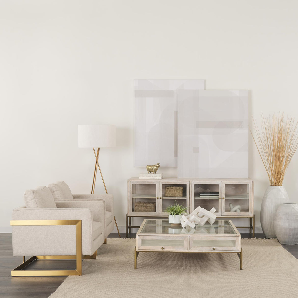 Mercana Arelius 70L x 18W x 32H White Wood W/ Gold Metal Base 4 Door Glass Cabinet Sideboard