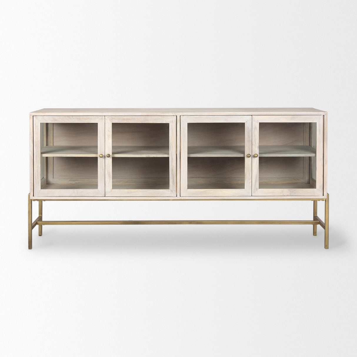 Mercana Arelius 70L x 18W x 32H White Wood W/ Gold Metal Base 4 Door Glass Cabinet Sideboard
