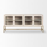 Mercana Arelius 70L x 18W x 32H White Wood W/ Gold Metal Base 4 Door Glass Cabinet Sideboard