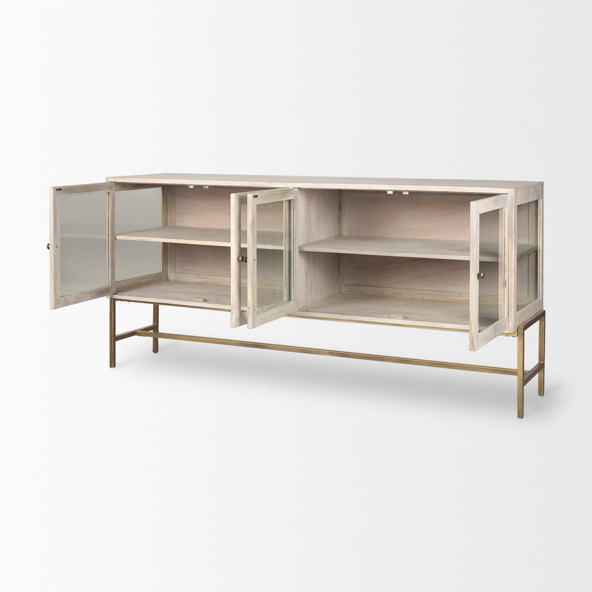 Mercana Arelius 70L x 18W x 32H White Wood W/ Gold Metal Base 4 Door Glass Cabinet Sideboard