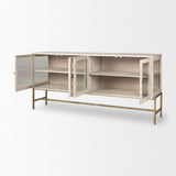 Mercana Arelius 70L x 18W x 32H White Wood W/ Gold Metal Base 4 Door Glass Cabinet Sideboard