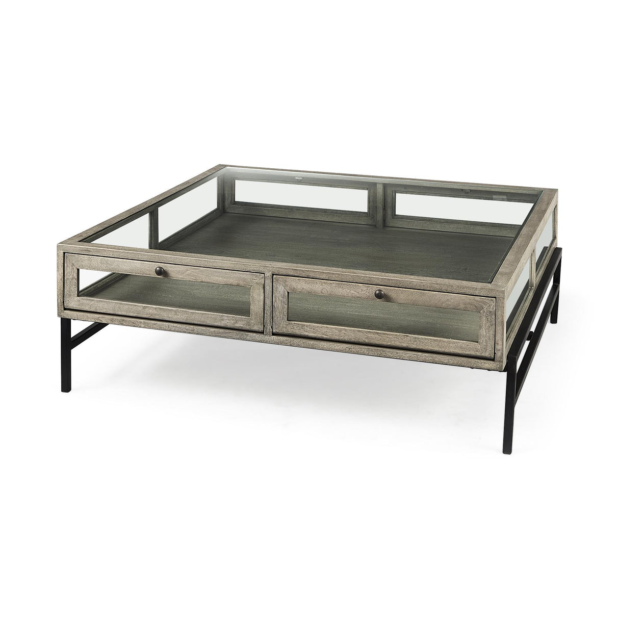 Mercana Arelius 42" Square Glass-Top Gray Wood w/ Black Metal Base Display Coffee Table