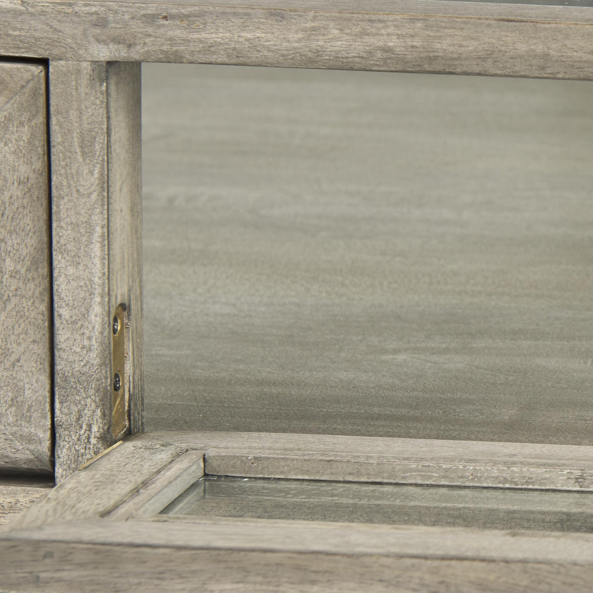Mercana Arelius 42" Square Glass-Top Gray Wood w/ Black Metal Base Display Coffee Table