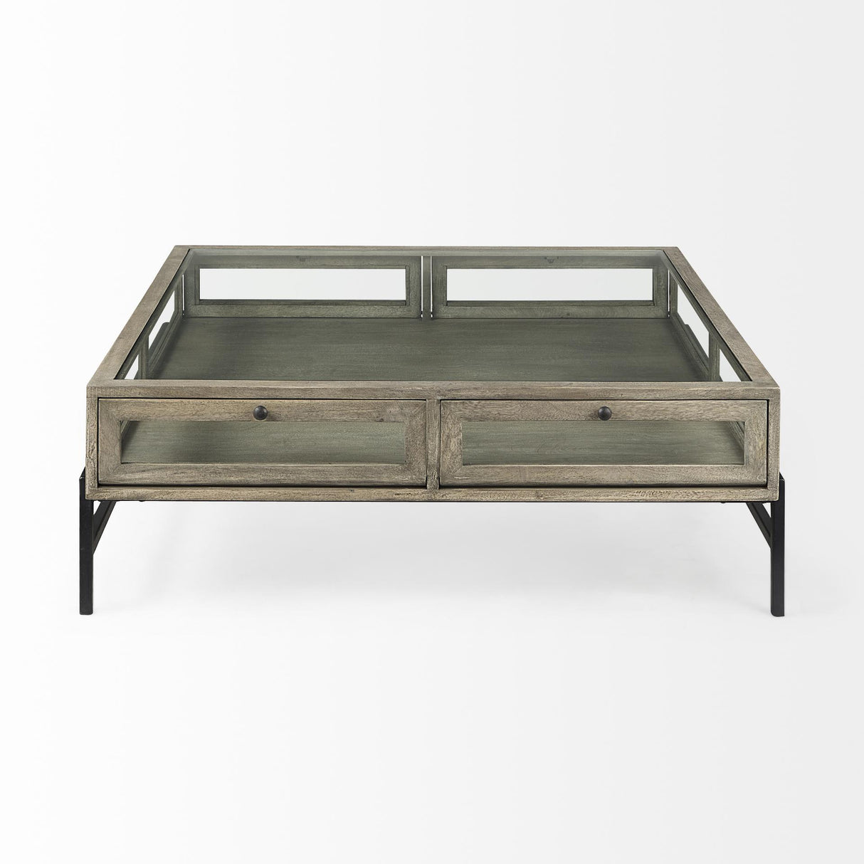 Mercana Arelius 42" Square Glass-Top Gray Wood w/ Black Metal Base Display Coffee Table