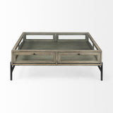 Mercana Arelius 42" Square Glass-Top Gray Wood w/ Black Metal Base Display Coffee Table