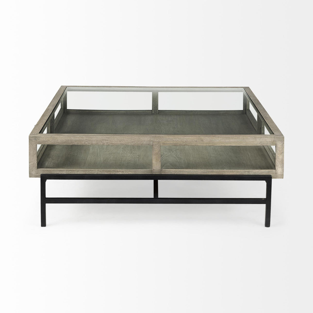 Mercana Arelius 42" Square Glass-Top Gray Wood w/ Black Metal Base Display Coffee Table